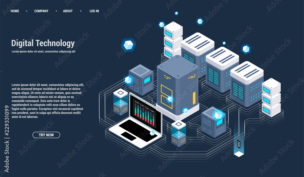 Isometric Server room and big data processing concept, datacenter and data base icon, digital information technology, neon dark gradient Isometric Server room and big data processing concept, datacenter and data base icon, digital information technology, neon dark gradient