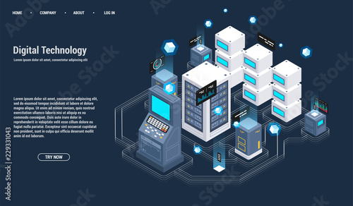 Isometric Server room and big data processing concept, datacenter and data base icon, digital information technology, neon dark gradient