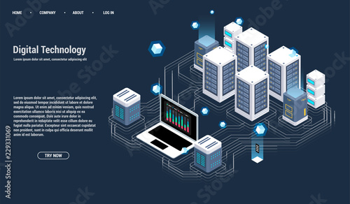 Isometric Server room and big data processing concept, datacenter and data base icon, digital information technology, neon dark gradient