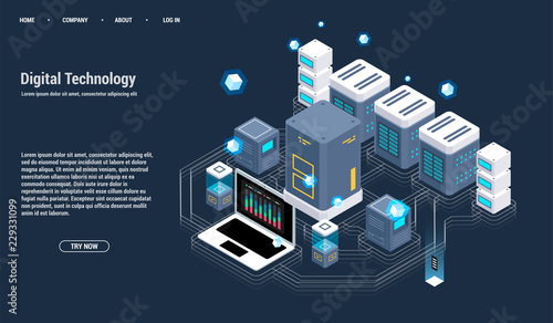 Isometric Server room and big data processing concept, datacenter and data base icon, digital information technology, neon dark gradient