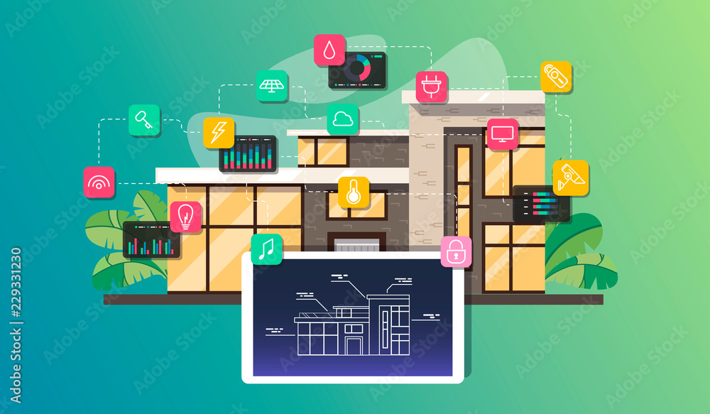 Smart home automation and internet of things illustration with icons of house and appliances connected, flat style Smart home automation and internet of things illustration with icons of house and appliances connected, flat style