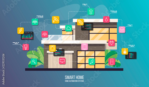 Smart house system automation infographic, modern building with rooms cross section and icons set