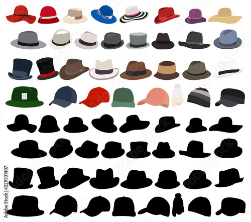 vector, on white background, collection, set of caps for men and women