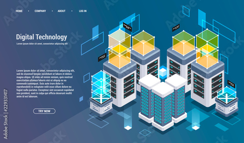 Computation of big data center, information processing, database. internet traffic routing, server room rack isometric vector technology