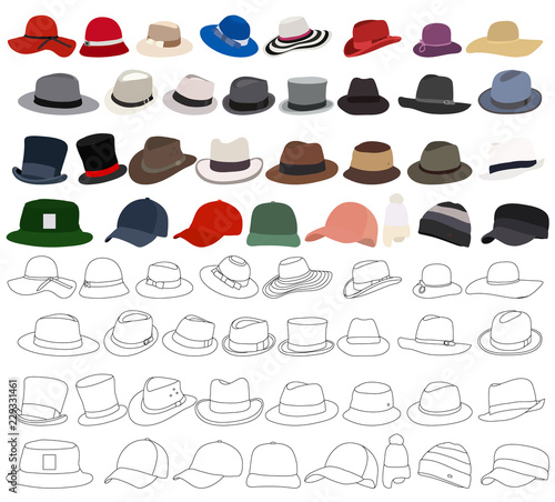 vector, on a white background, men's and women's hat, set