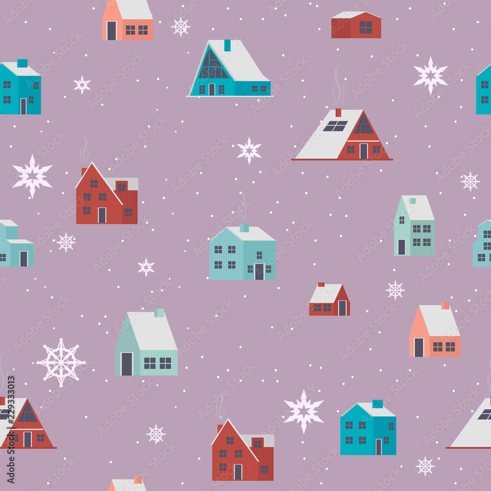 Seamless pattern with Winter landscape and houses in the Scandinavian style. Editable vector illustration