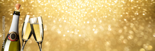 New Year Toast champagne banner, golden background