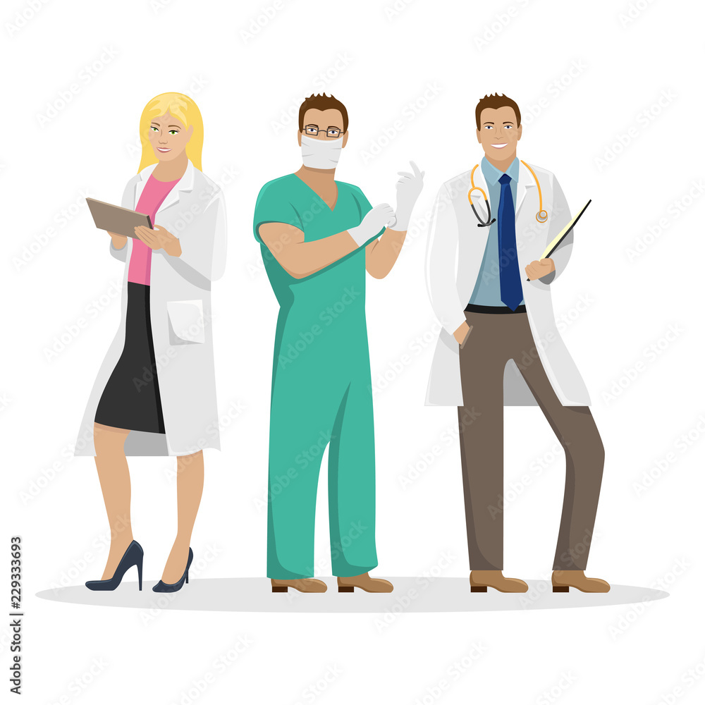 Three doctors in work clothes. Medical vector illustration. Three doctors in work clothes. Medical vector illustration.