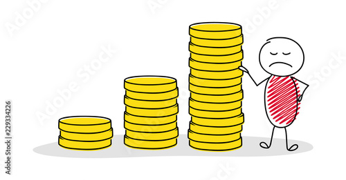 Angry hand drawn stickman showing money graph. Vector.
