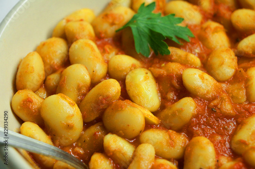 Homemade White Beans in Tomato Sauce. Close up