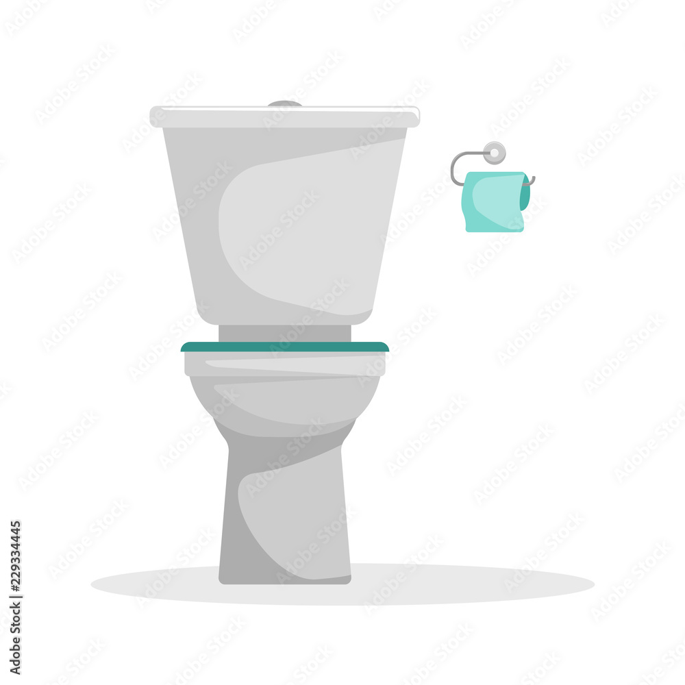 Flat vector illustration. Toilet with a roll of toilet paper on the wall. An isolated figure. Flat vector illustration. Toilet with a roll of toilet paper on the wall. An isolated figure.