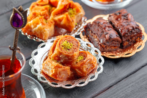 Traditional Baklava on Wooden Table