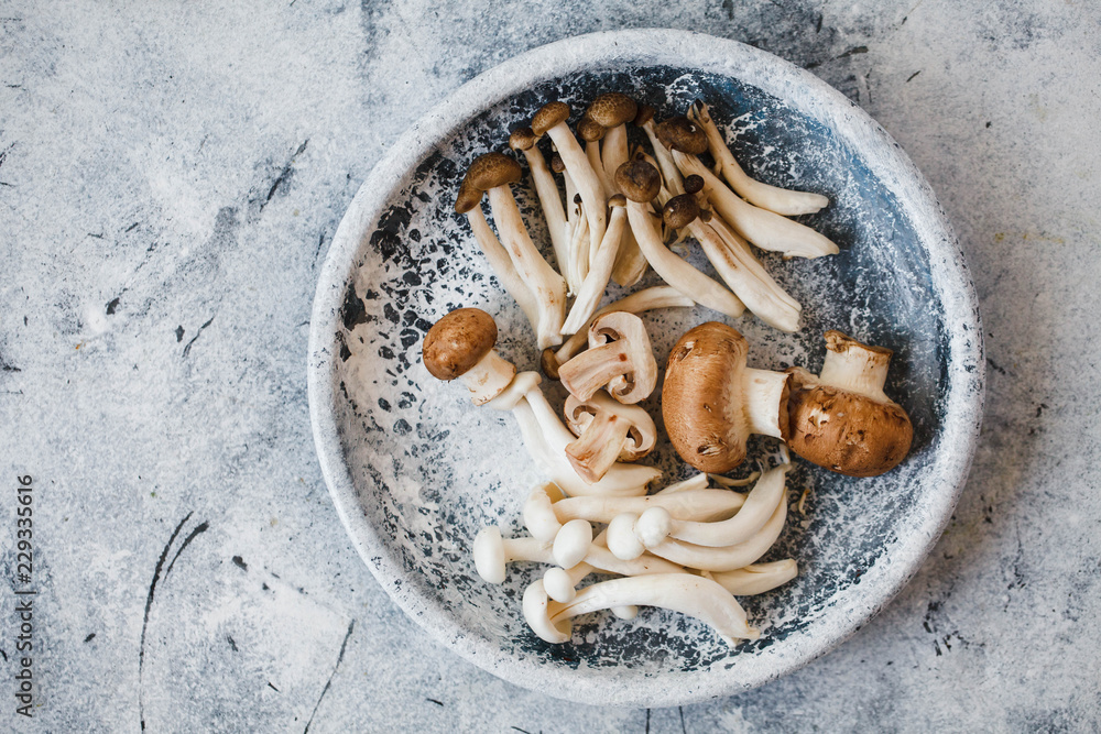Fototapeta premium Variety mushrooms. Enoki mushrooms, Shiitake, Brown beech mushroom (Shimeji), copy space concrete table 