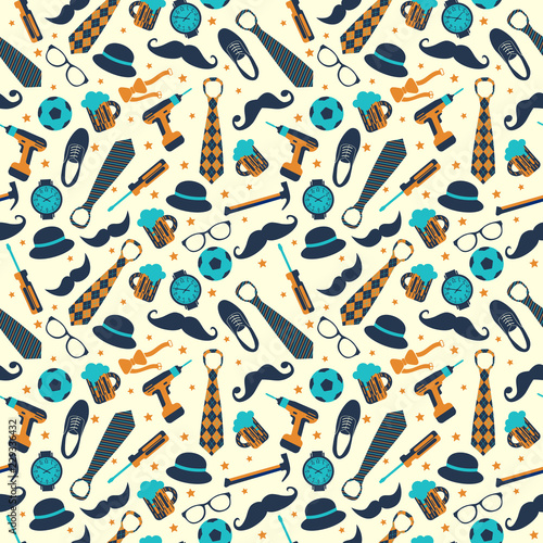 Seamless pattern of Fathers day. Flat set icons on white background.