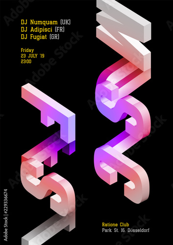 Music Fest Vector Dark Poster. Electronic DJ Music Cover for Summer Festival or Night Club Party Flyer. Isometric Event Background. Trendy Geometric Shapes. Vertical Orientation. Techno, Dub, Dubstep.