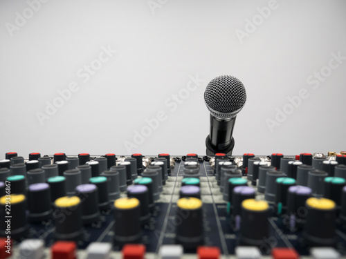 Audio mixer and microphone in music studio