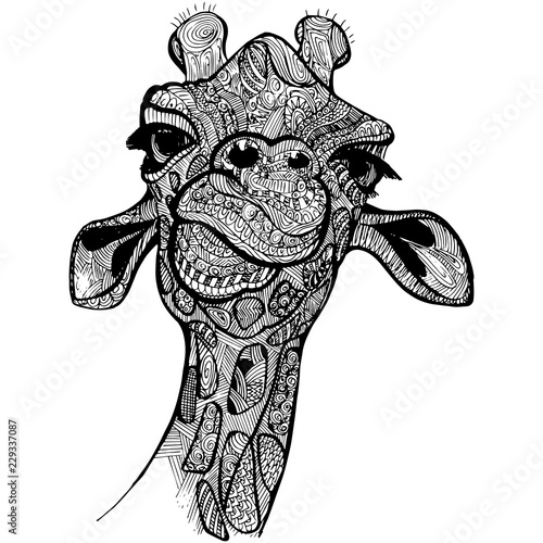 Giraffe vector illustration for t-shirt. Portrait of safari giraffe in doodle elements
