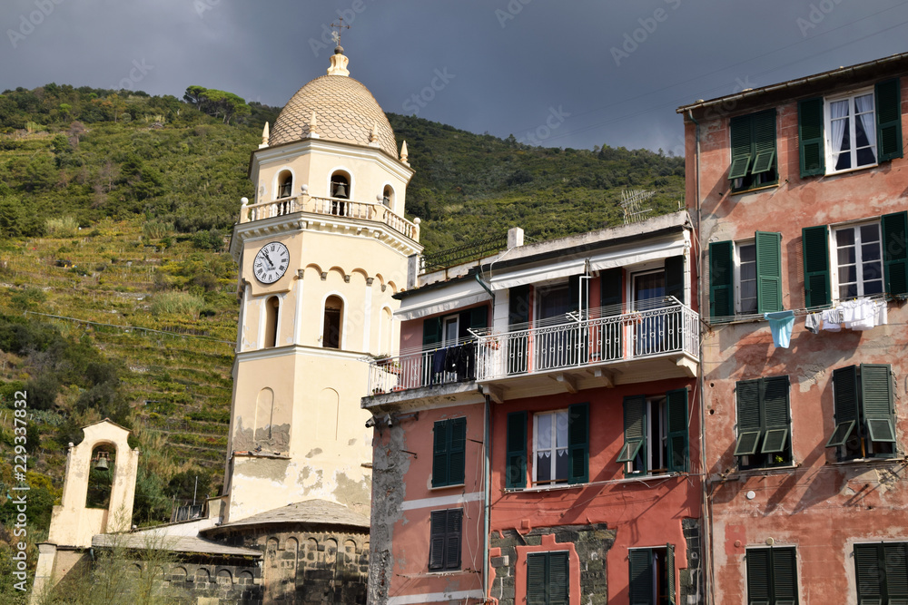 The bell tower and the church of Vernazza - Liguria - Italy