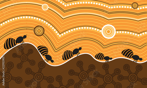 Aboriginal dot art vector background depicting honey ants