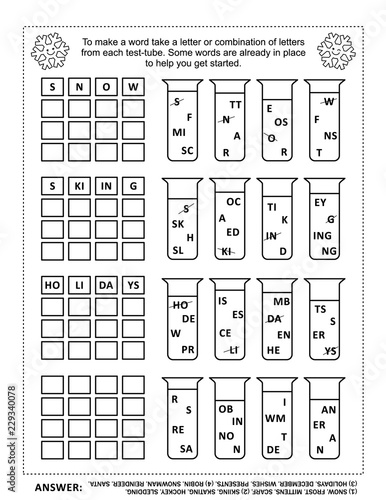 Winter and winter holidays themed word game for kids or adults: Compose four words for each group of test-tubes by taking a letter or combination of letters from each tube.