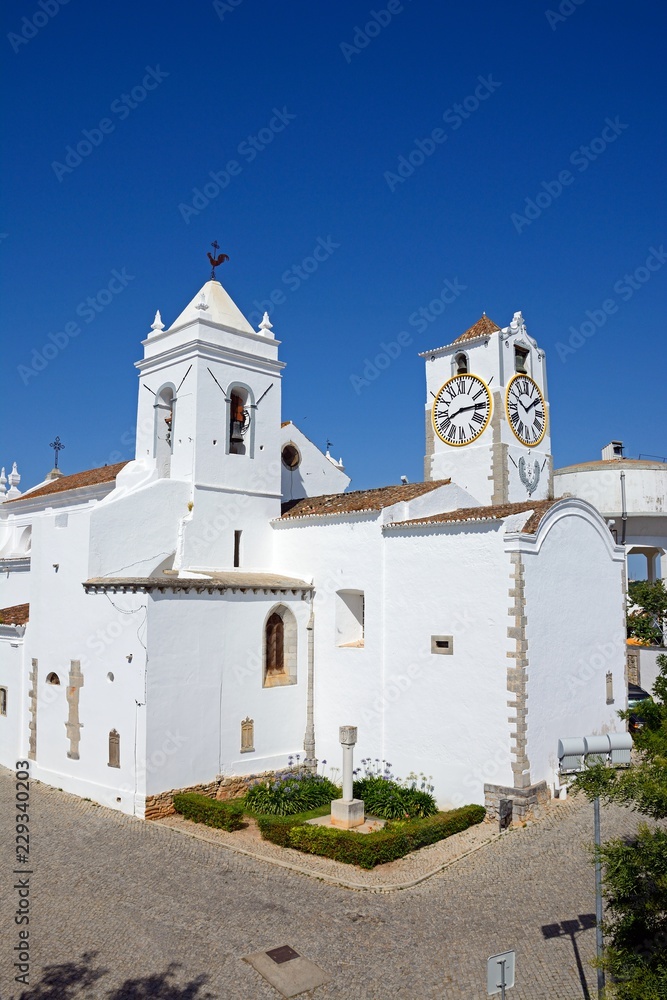 Elevated view of Santa Maria do Castelo church in the old town (Igreja de Santa Maria do Castelo), Tavira, Algarve, Portugal.