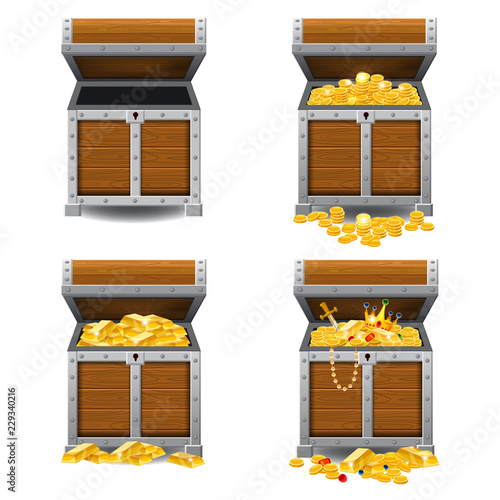 Set old pirate chests full of treasures, gold bars, gold coins, crown, dagger, vector, cartoon style, illustration, isolated. For games, advertising applications