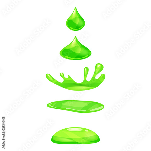 Drop of liquid, water falls and makes a splash, green colour. Phases, frames, for animation, cartoon style, vector, isolated