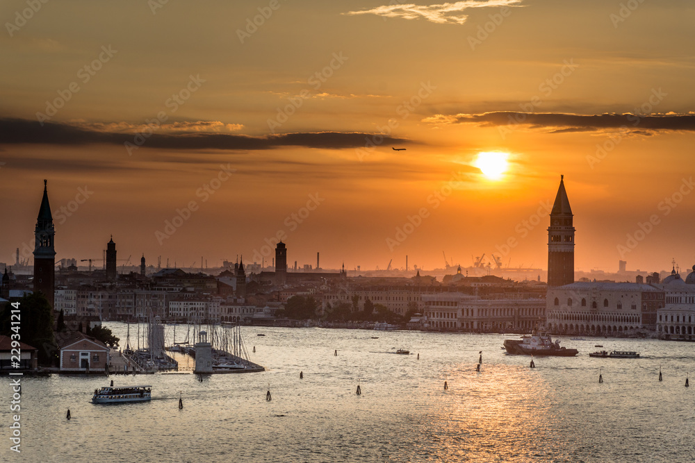 Fototapeta premium Venice at sunset, view from the cruise ship