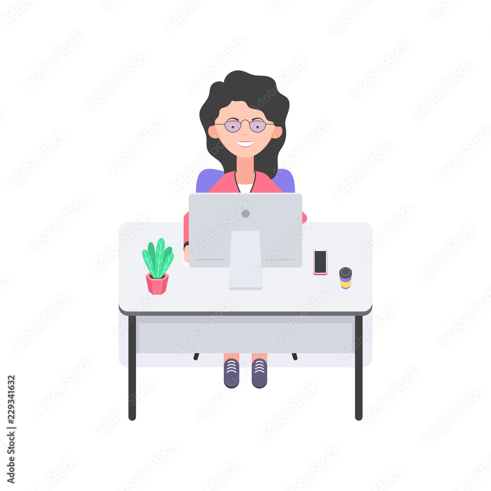 Woman working at the computer. Office worker at the table. Vector illustration in trendy flat style isolated on white background Woman working at the computer. Office worker at the table. Vector illustration in trendy flat style isolated on white background