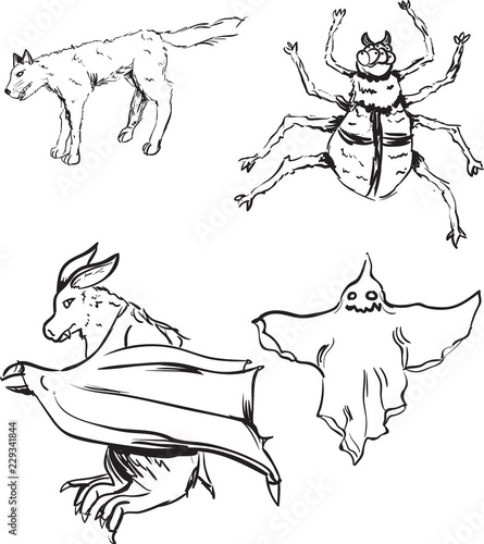 Halloween set Vector line art. spider, wolf and ghosts illustrations
