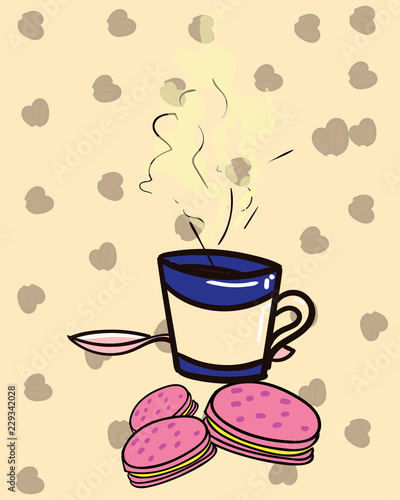 Coffee and macaroons on yellow background Vector
