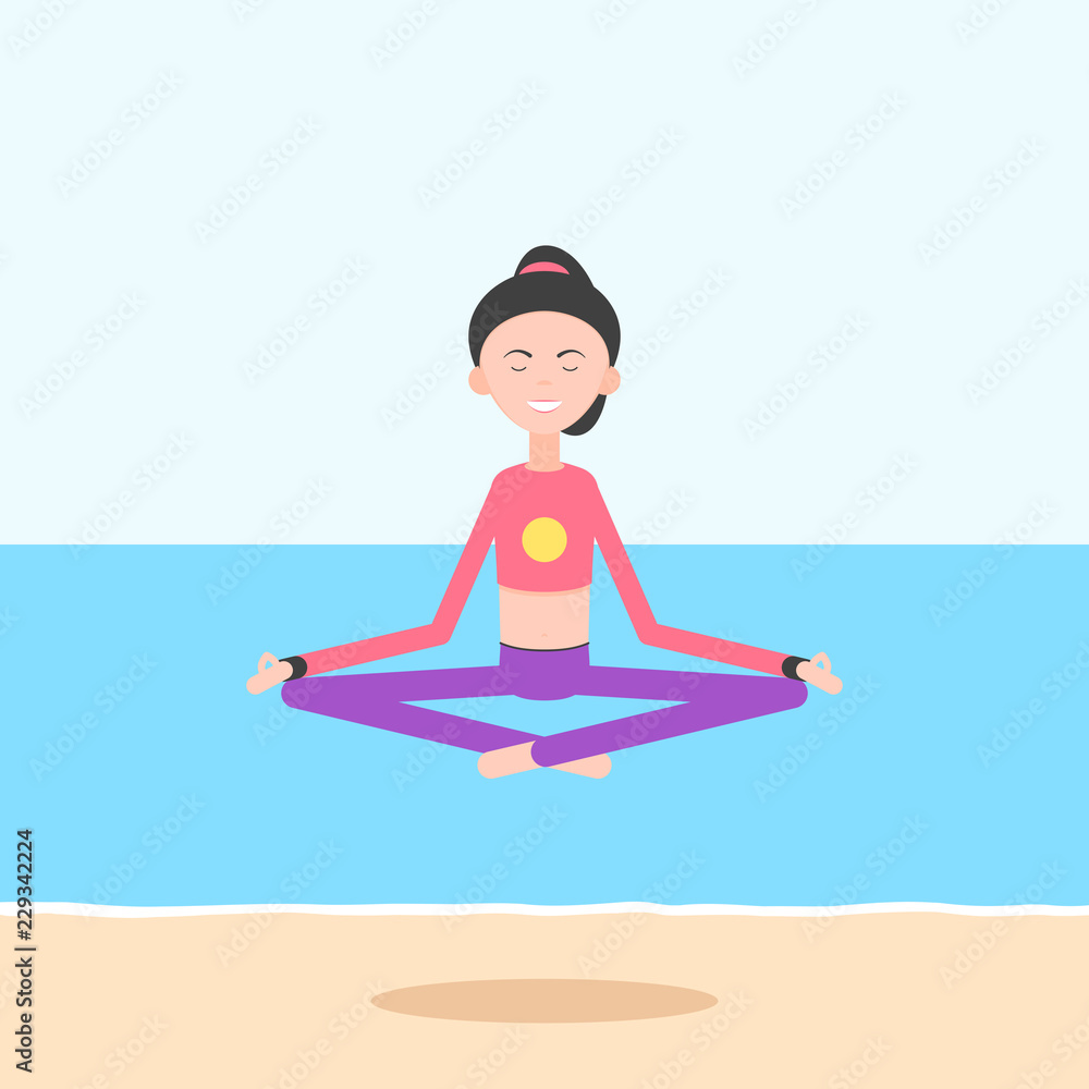 Woman livetirut in a lotus pose on the beach. Concept of meditation, the health benefits for the body, mind and emotions. Vector illustration in trendy flat style