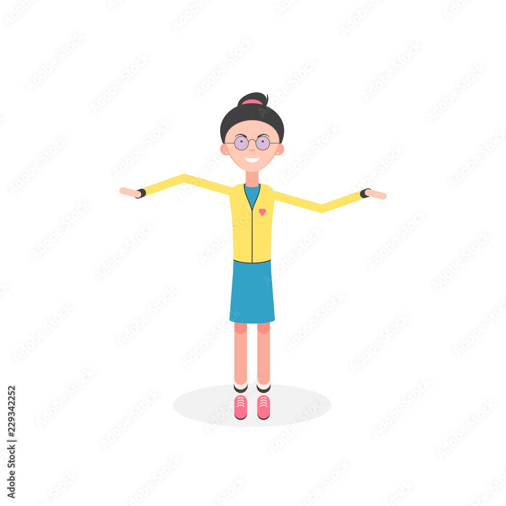 Girl with glasses dancing. Vector illustration in flat style isolated on white background