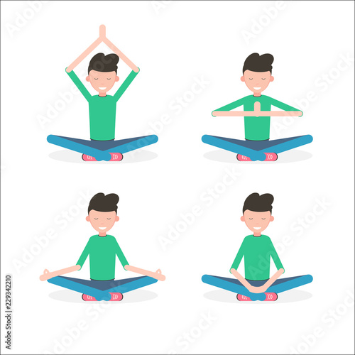 Man in poses for meditation. Set boy in yoga pose padmasana with different position of arms. Vector illustration in flat style isolated on white background