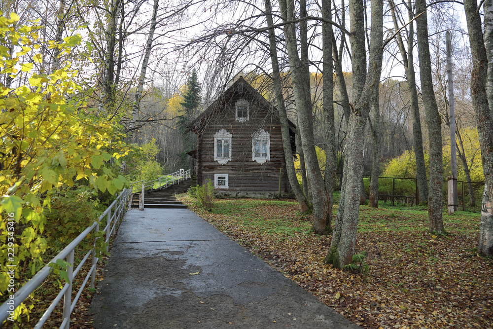 Small residential house stands on the edge of the forest in autumn
Small residential house stands on the edge of the forest in autumn