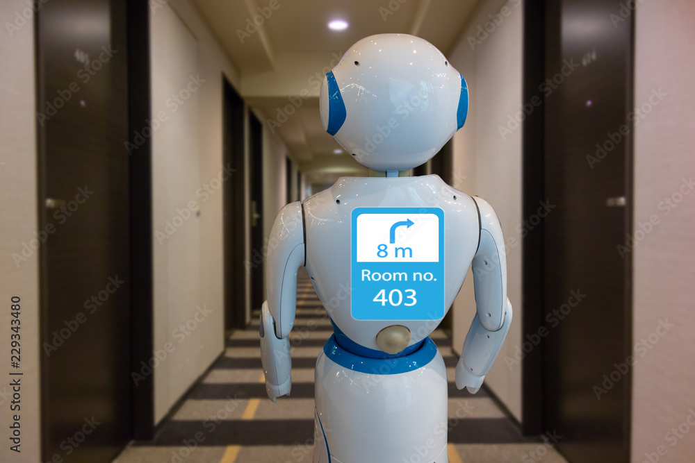 smart hotel in hospitality industry 4.0 technology concept, robot butler  (robot assistant) use for greet arriving guests, deliver customer, items to  rooms, give information, support variety languages Photos | Adobe Stock