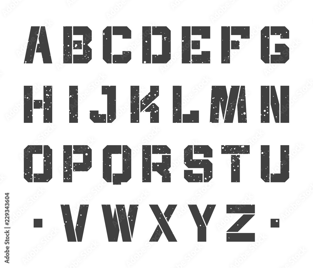 Stencil alphabet letters in grunge style. Vector typeset design isolated on white background
