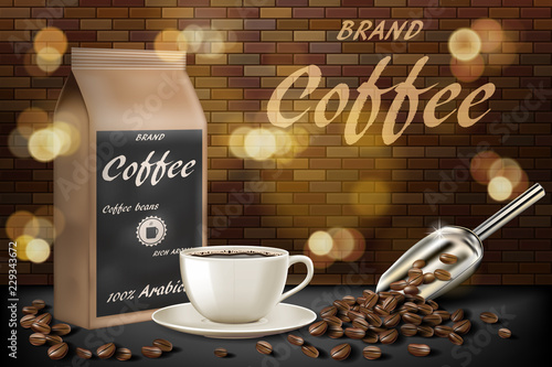 coffee cup with beans ads. 3d illustration of hot arabica coffee mug. Product paper bag package design with brick background. Vector