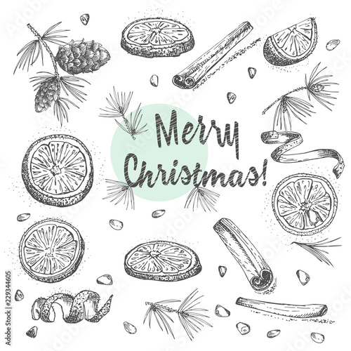 Set of hand drawn Christmas winter spices pattern. Traditionally used in made desserts, hot mulled wine, homemade cookies.