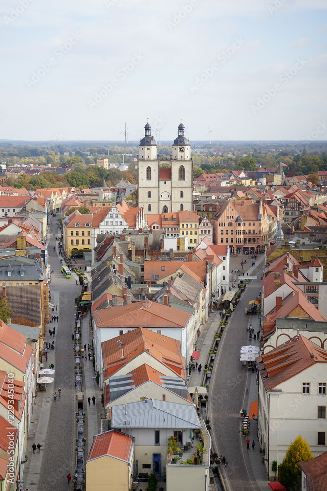 Obraz premium Panoramic view of Lutherstadt Wittenberg from view point platform of All Saints' Church or Schlosskirche (Castle Church)