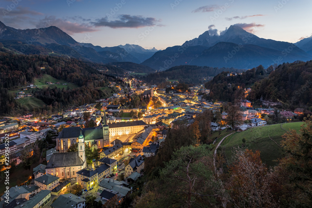 View over Berchtesgaden at night, Bavaria, Germany
