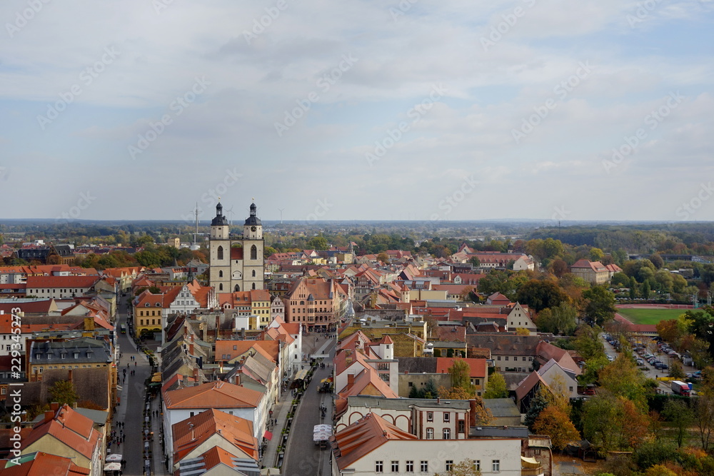 Panoramic view of Lutherstadt Wittenberg from view point platform of All Saints' Church or Schlosskirche (Castle Church)