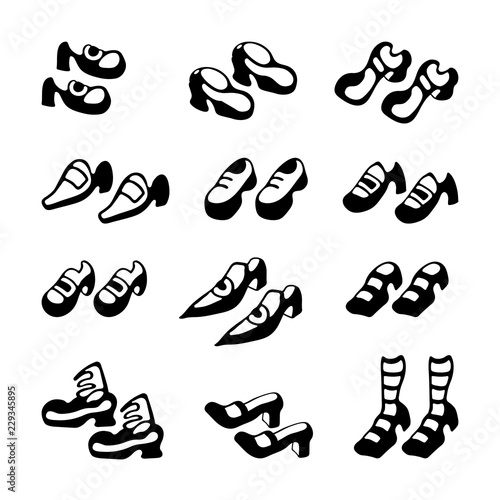 Hand drawn graphic set of the traditional stylized shoes. Vector illustration.