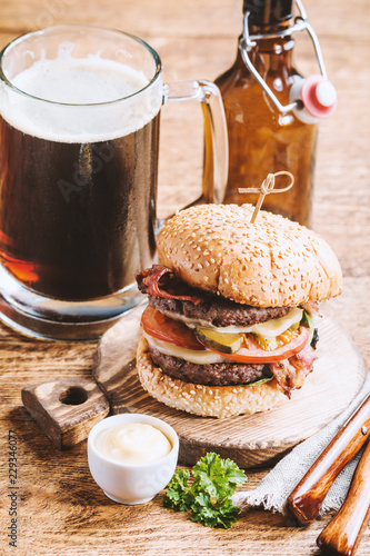 Hamburger and dark beer