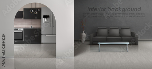 Vector mockup of loft apartment with living room and kitchen. Modern interior with furniture, black sofa, glass table, gray textured wall and floor. Contemporary design, template for roll banner