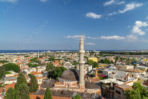 View over Rhodes town with view of Suleymaniye Mosque, Rhodes Greece