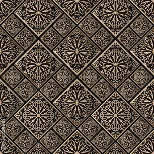Islamic vector design. Seamless pattern oriental ornament. Black and golden textile print. Floral tiles.