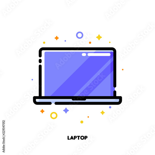 Icon of laptop computer with big display with purple screen for gadget concept. Flat filled outline style. Pixel perfect 64x64. Editable stroke