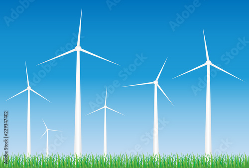White wind turbines on windfarm