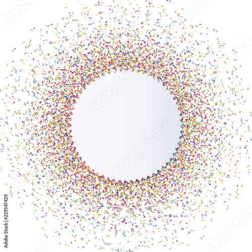 Konfettiexplosion bunt mit runder Karte